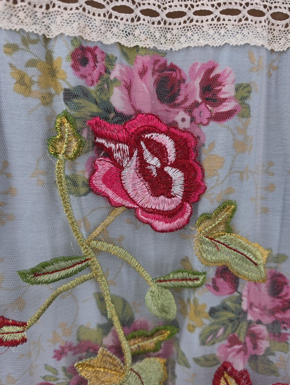 John Mark Floral Embroidered Sheer Panel Long Sleeve Top Mixed Pattern Patchwork - Picture 6 of 12